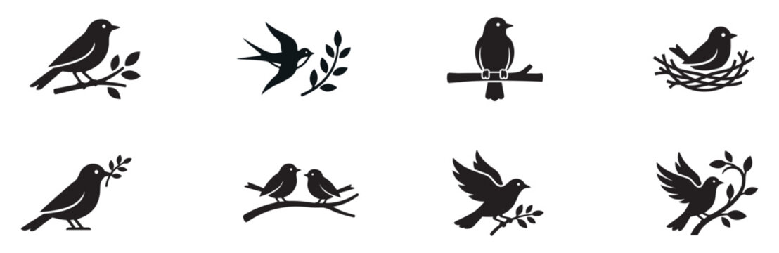 Birds on branches and nests icon set. Flying swallow, songbird silhouettes, peace dove with olive leaf and nature symbols. Vector illustration.