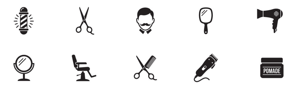 Barbershop and men hair salon icon set. Barber pole, scissors, comb, hair dryer, shaver and grooming symbols. Vector illustration.