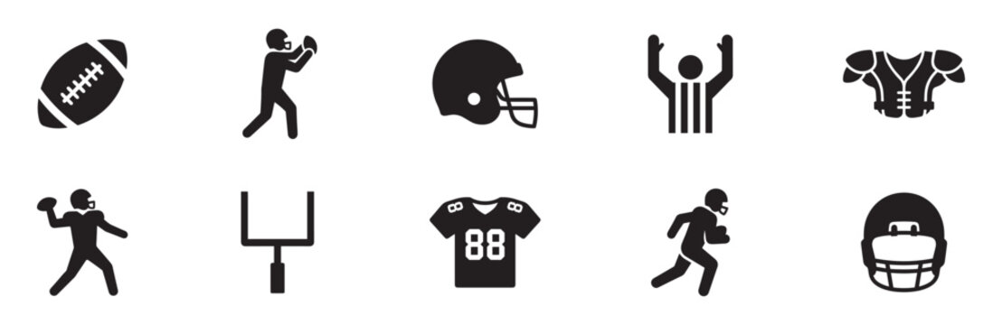 American football sport game icon set. Helmet, ball, player running, goal post, referee and protective gear symbols. Vector illustration.