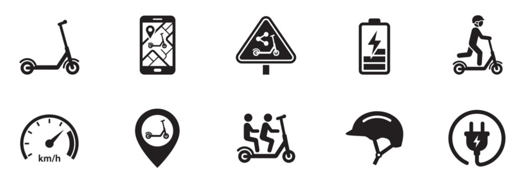 Electric scooter rental and sharing service icon set. Micro-mobility, battery, helmet, and speed symbols. Vector illustration.