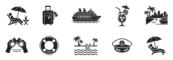 Obraz premium Cruise ship, ocean travel and vacation icon set. Baggage, cocktail, binoculars, and lifebuoy symbols. Vector Illustration. 