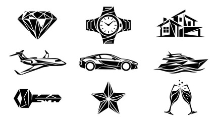 Obraz premium Modern luxury automotive and premium business icon collection featuring sports car finance achievement and elegant lifestyle branding symbols in sophisticated monochrome vector illustration