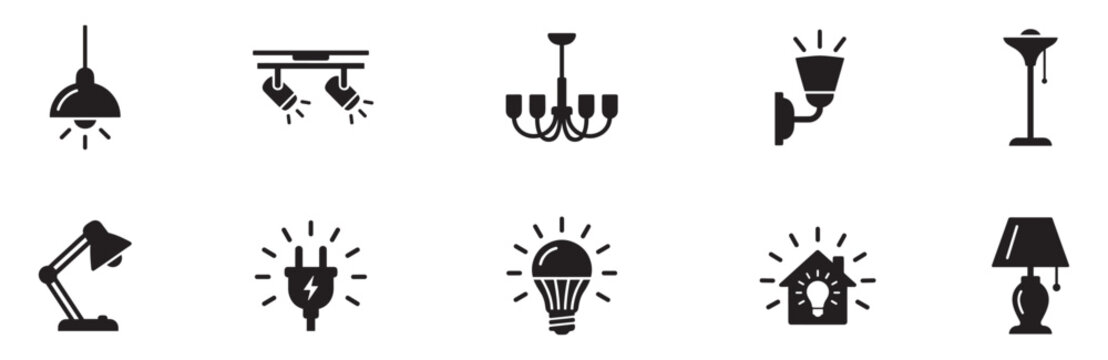 Lighting, lamps and lighting fixtures icon set. Ceiling, track, wall, table and floor lamps, light bulb and electrical plug. Vector Illustration.	