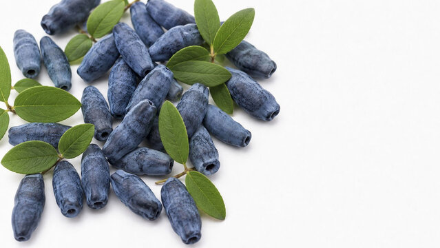 Fresh honeyberries with green leaves arranged on white background with copy space.