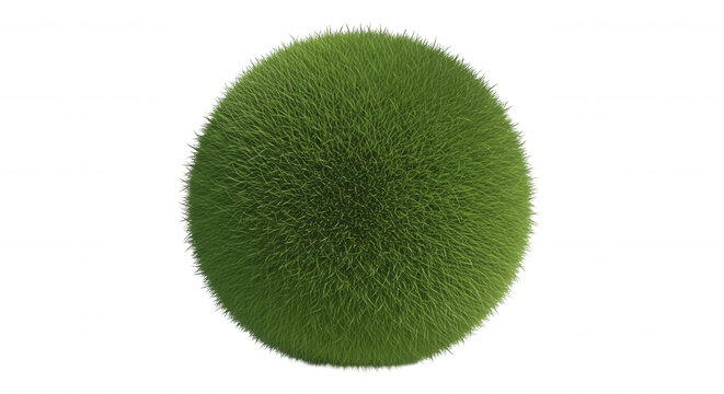 A spherical covered in short, dense green grass blades isolated against a solid black background, 3 d rendered texture
