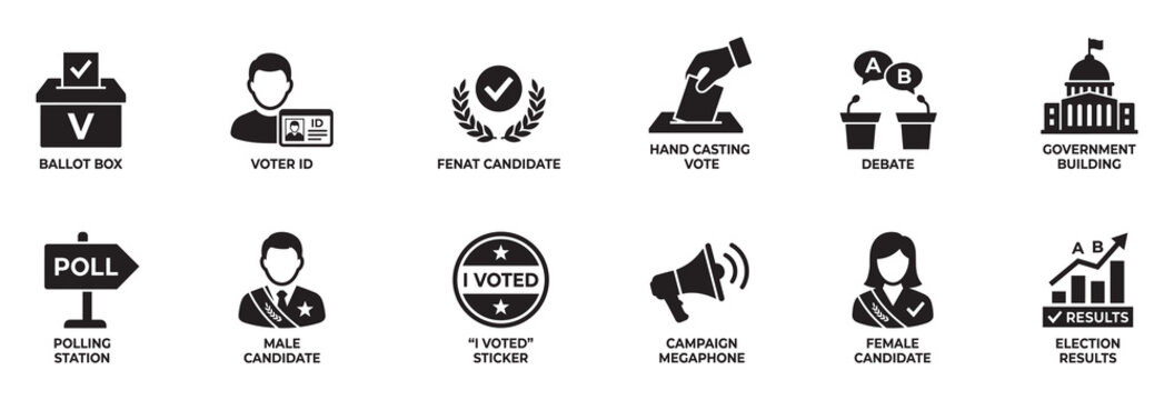 Election, voting process and political campaign icon set. Ballot box, candidate, debate, building, results and megaphone symbols. Vector Illustration.	