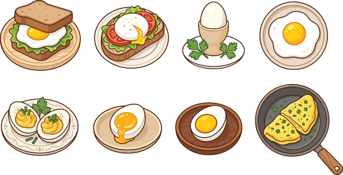Set of delicious egg breakfast dishes including fried egg, omelet, poached egg toast, deviled eggs, and boiled egg illustrations