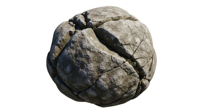 A spherical rock with deep cracks and weathered grey stone texture, isolated against a solid black background, for 3 d, asset use