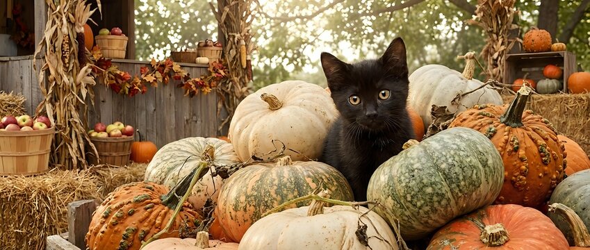 Black kitten sitting among colorful autumn pumpkins and gourds in rustic fall harvest display with hay bales and wooden crates for seasonal decoration.