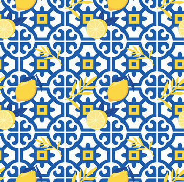 Seamless Mediterranean blue tile pattern with yellow lemons and geometric grid