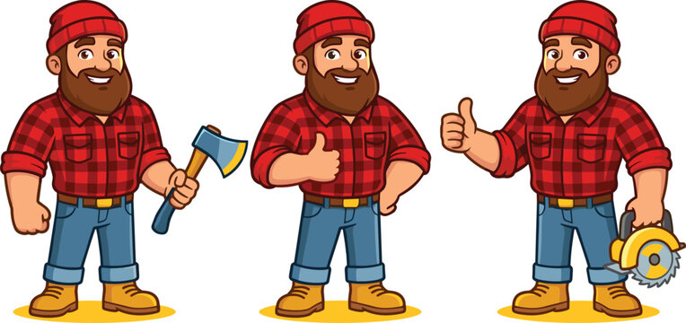 Set of friendly bearded lumberjack cartoon characters wearing plaid shirts holding an axe and a circular saw tool