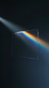 Glass prism dispersing white light into rainbow spectrum on dark background for physics education and optical science concepts.