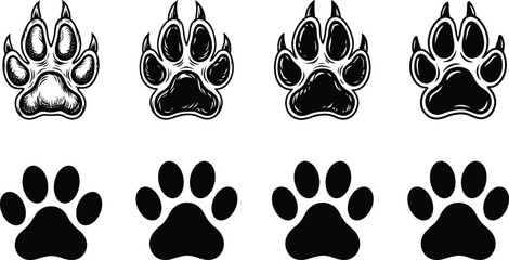 Set of wild animal paw prints and claw marks in vintage hand drawn and flat silhouette styles isolated on white © MdAsikul