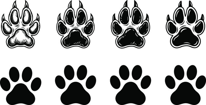 Set of wild animal paw prints and claw marks in vintage hand drawn and flat silhouette styles isolated on white