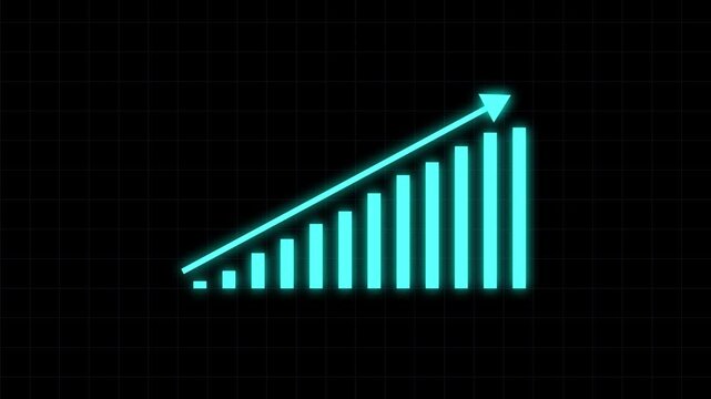 Upward Trend Graphic: A glowing teal bar chart depicts a steep upward trend, symbolizing growth, progress, and success in a dark, futuristic setting.