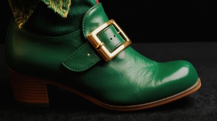 Fototapeta premium Green leather elf boot with gold buckle. Festive footwear for holiday celebration. Ideal for Christmas or fantasy themes. Shiny, polished, and fun.