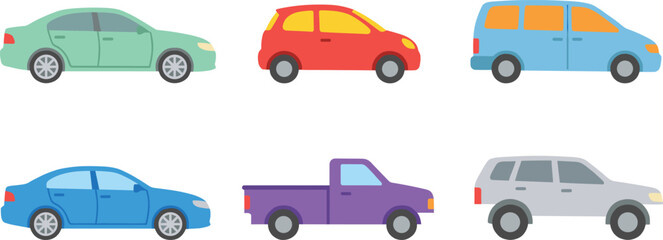 Naklejka premium Vector set of colorful vehicle types including sedan hatchback minivan pickup truck and suv isolated on white background for transport design