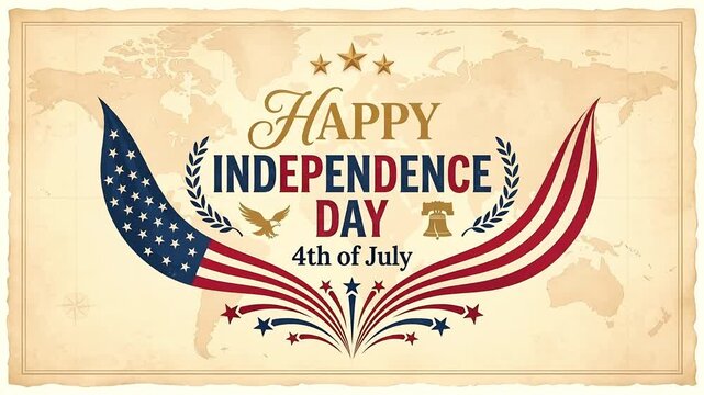Animated Independence Day message on vintage map background. 4K Video