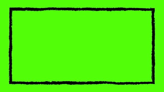 Rough Rectangular Frame on Green Screen: A thick, hand-drawn black border creates a rough rectangular frame against a vibrant, solid green background, offering a versatile graphic element.
