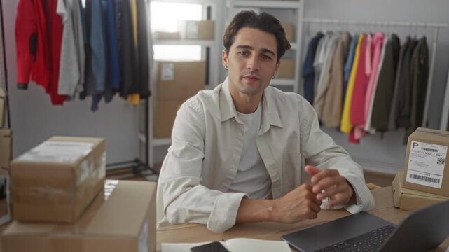 Man seated packing cardboard boxes with hands clasped on table in studio; focused entrepreneurship growth.