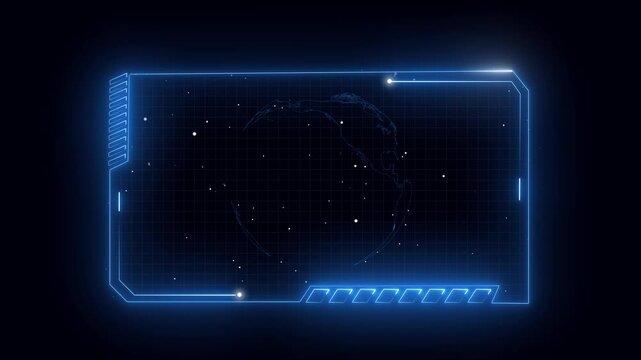 Futuristic HUD display with global world map graphic. Global network symbol for international surveillance radar tracking. Digital HUD animation for world security data panel.