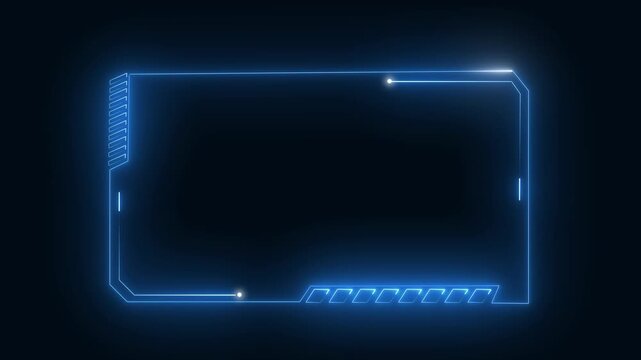 Blue neon futuristic frame with digital accents layout. Technology border symbol for digital video monitor display. Digital neon frame animation for cockpit HUD interface.