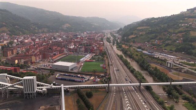 Drone aerial view of mining district and mountain houses near La Pena Asturias