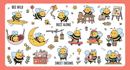 Obraz premium Cute Kawaii Bee Character Sticker Set, Hand Drawn Doodle Style Bumblebee Illustration Bundle with Various Hobbies and Activities