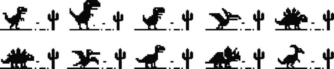 Dinosaur pixel icons set retro game style vector silhouettes and outline illustrations, prehistoric animals, desert cactus scene, isolated design element collection group © WaQar
