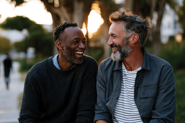 Obraz premium In a Park at Sunset, Gay Couple Share a Moment of Laughter, Embodying Friendship and the Beauty of Life’s Simple Pleasures, Serene Natural Environment, and Warm Emotional Connection at Golden Hour