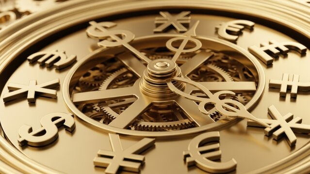 Close-up of a golden clock face with world currency symbols.