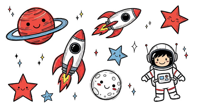 Cute Space Vector Illustration Set Featuring Astronaut Rocket Ships Planets and Stars in Kawaii Doodle Style