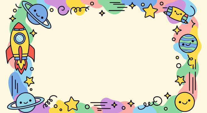 Cute Space Doodle Frame with Rocket Ship, Planets, and Stars on a Colorful Pastel Background for Kids' Design