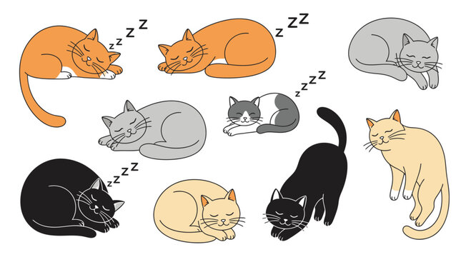 Cute Sleeping Cats Vector Illustration Set, Hand Drawn Cartoon Kittens Napping and Resting in Various Poses Isolated on White Background