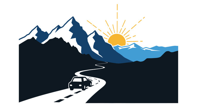 A black silhouette of a car driving on a winding road towards mountain peaks at sunrise.
