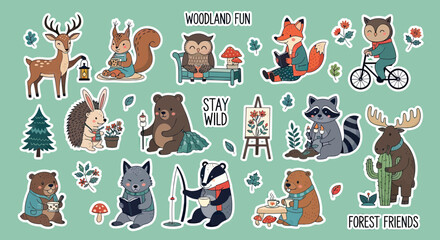 Fototapeta premium Set of Cute Hand-Drawn Woodland Animal Stickers Featuring Bear, Fox, Owl, and Deer Engaging in Hobbies Like Reading and Painting