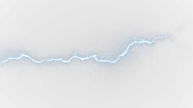 Blue and white lightning bolt isolated on transparent background showing electric energy in motion, light overlay, PNG
