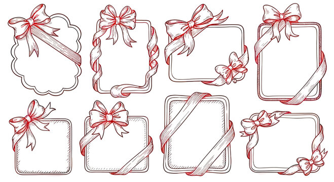 Set of hand-drawn vintage style gift frames and labels with red ribbons and bows, decorative border elements for Christmas or birthday cards