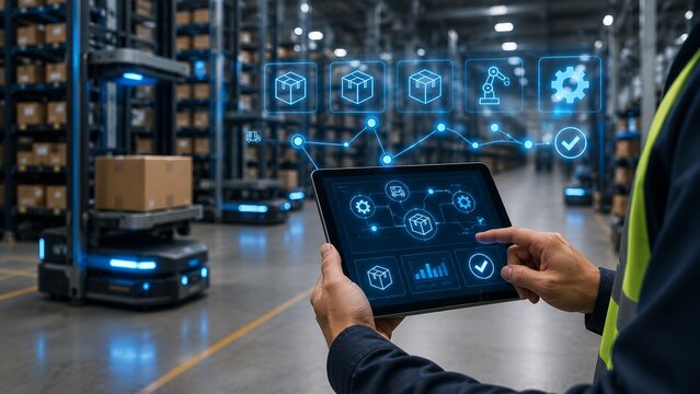 Smart warehouse automation control hologram with workflow nodes and settings icon