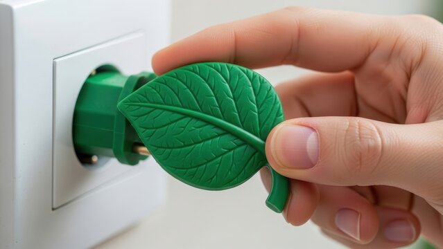 Hand plugging a green leaf-shaped power cord into a wall socket.