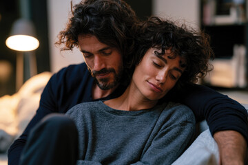 Obraz premium Intimate Scene of Couple Relaxing Together on Couch, Tranquility and Love, Soft Warm Atmosphere with Home Decor Elements, Cozy Domestic Environment and Emotional Connection in Calm Living Room Setting