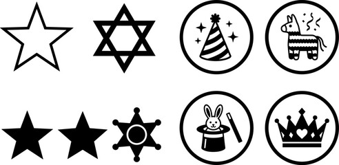 Birthday party and celebration vector icon set featuring stars piñata magic hat and royal crown elements © Bulbuli