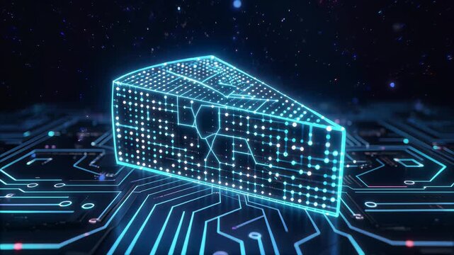 Vibrant digital pie slice hologram with moving data points on a glowing circuit board, a slow motion shot in a futuristic setting, symbolizing market share, data analytics, and fintech innovation.