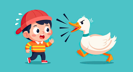 Fototapeta premium Funny Cartoon Illustration of a Scared Little Boy Running Away from an Angry Chasing Duck
