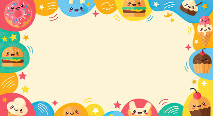 Fototapeta premium Kawaii Cartoon Food Frame with Cute Fast Food and Dessert Characters and Copy Space for Text