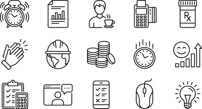 Business and productivity line icon set featuring time management finance technology and creative workflow concepts in a minimalist vector style