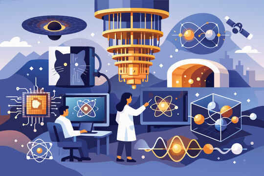 Quantum Computing and Physics Research Concept Illustration with Scientists, Dilution Refrigerator, Schr&ouml;dinger's Cat, Atomic Models, and Data Analysis in a Modern Flat Vector Style.