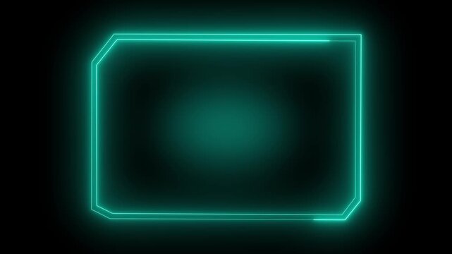 Teal neon geometric frame on dark background layout. Technology border symbol for modern marketing display banner. Digital neon frame animation for futuristic HUD layout.