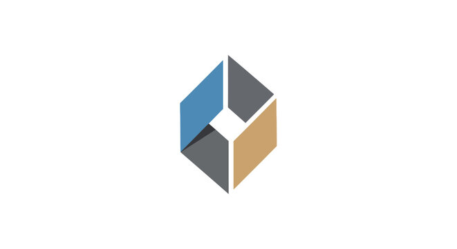 Abstract geometric shape with blue, gray and gold colors on a white background