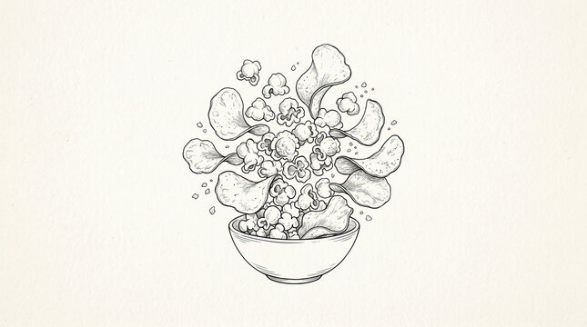A delicate hand-drawn illustration of a bowl overflowing with fresh, organic cauliflower florets and crispy chips, evoking a sense of healthy indulgence and mindful eating